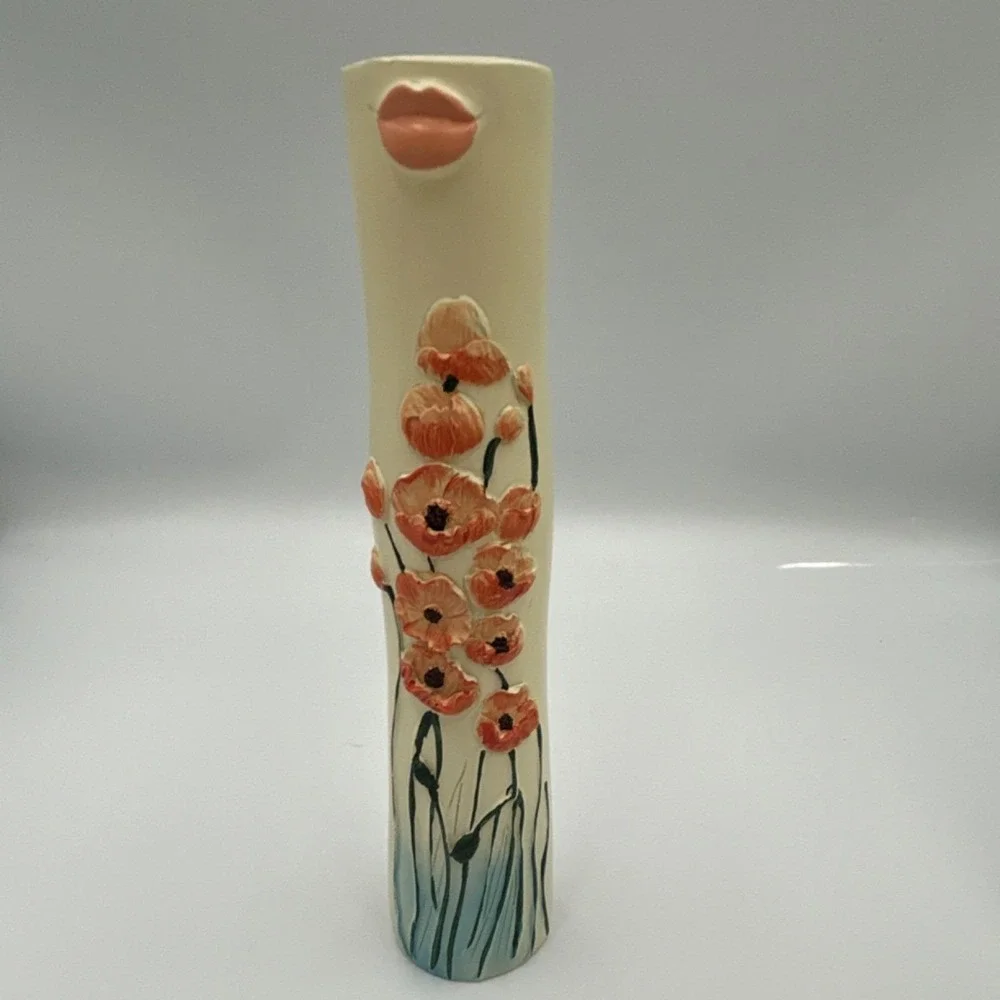 Set of 3 Modern Floral Face Vases, Cream Orange Blue Green, Matte Finish